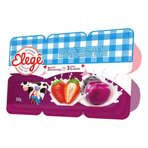 Iogurte Bebida Láctea Fermentada Morango + Ameixa Elegê Bandeja 510g 6 Unidades