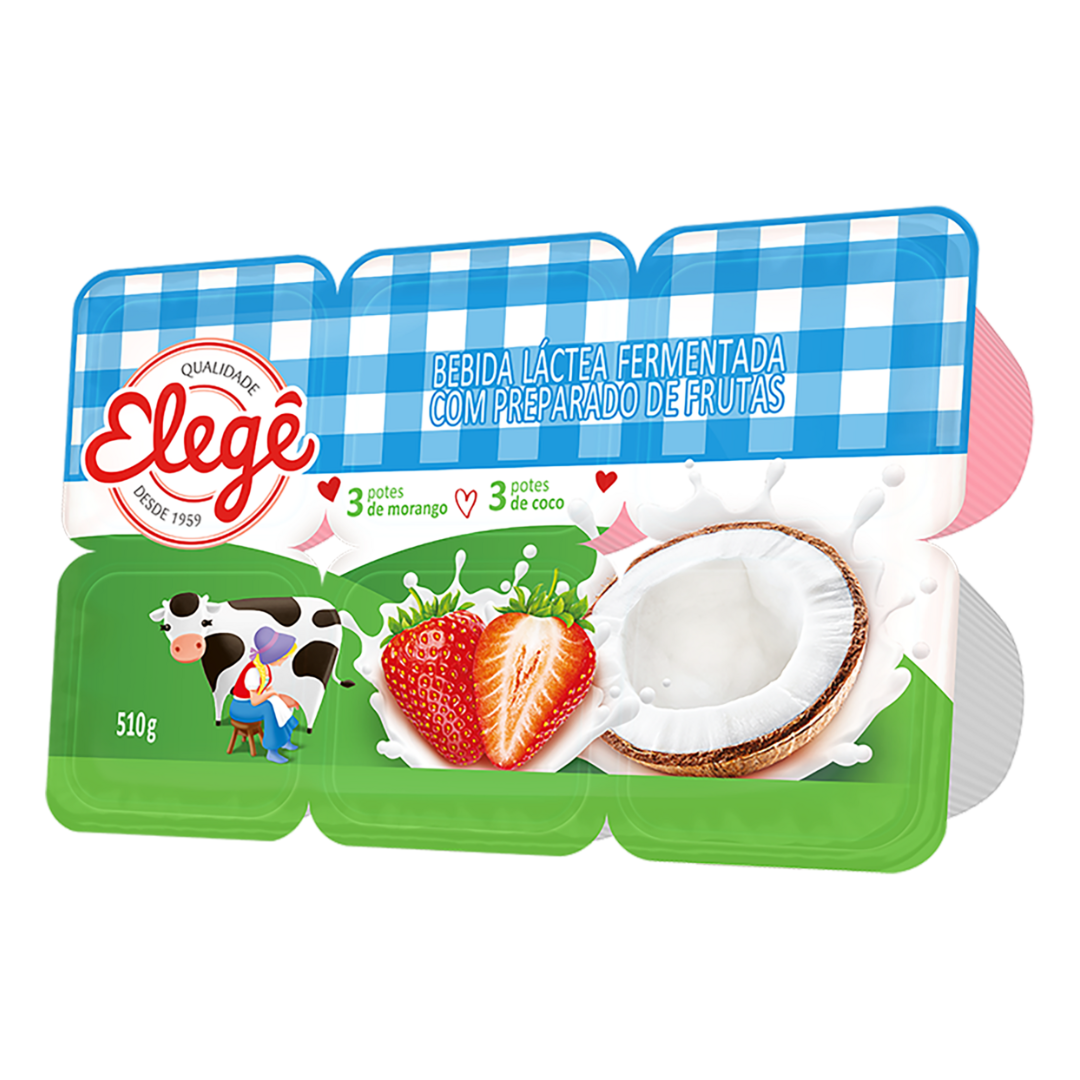 Iogurte Bebida Láctea Fermentada Morango + Coco Elegê Bandeja 510g 6 Unidades