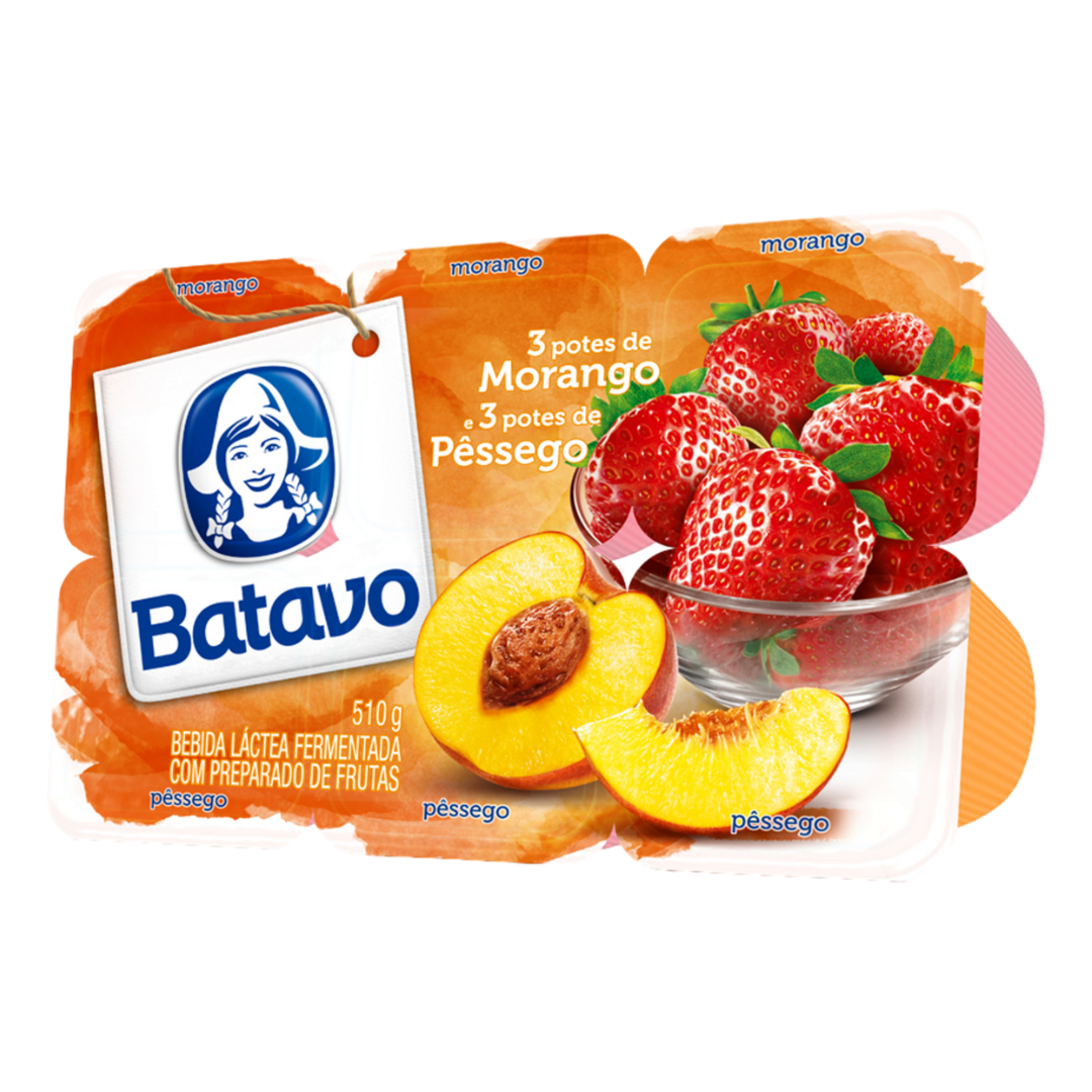 Iogurte Bebida Láctea Fermentada Morango + Pêssego Batavo Bandeja 510g 6 Unidades