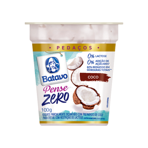 Iogurte Parcialmente Desnatado Coco Zero Lactose Batavo Pense Zero Pedaços Copo 100g