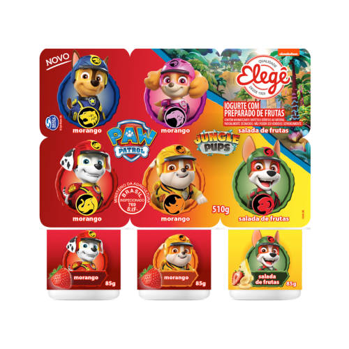 Iogurte Parcialmente Desnatado Morango + Salada de Frutas Paw Patrol Jungle Pups Elegê Bandeja 510g 6 Unidades