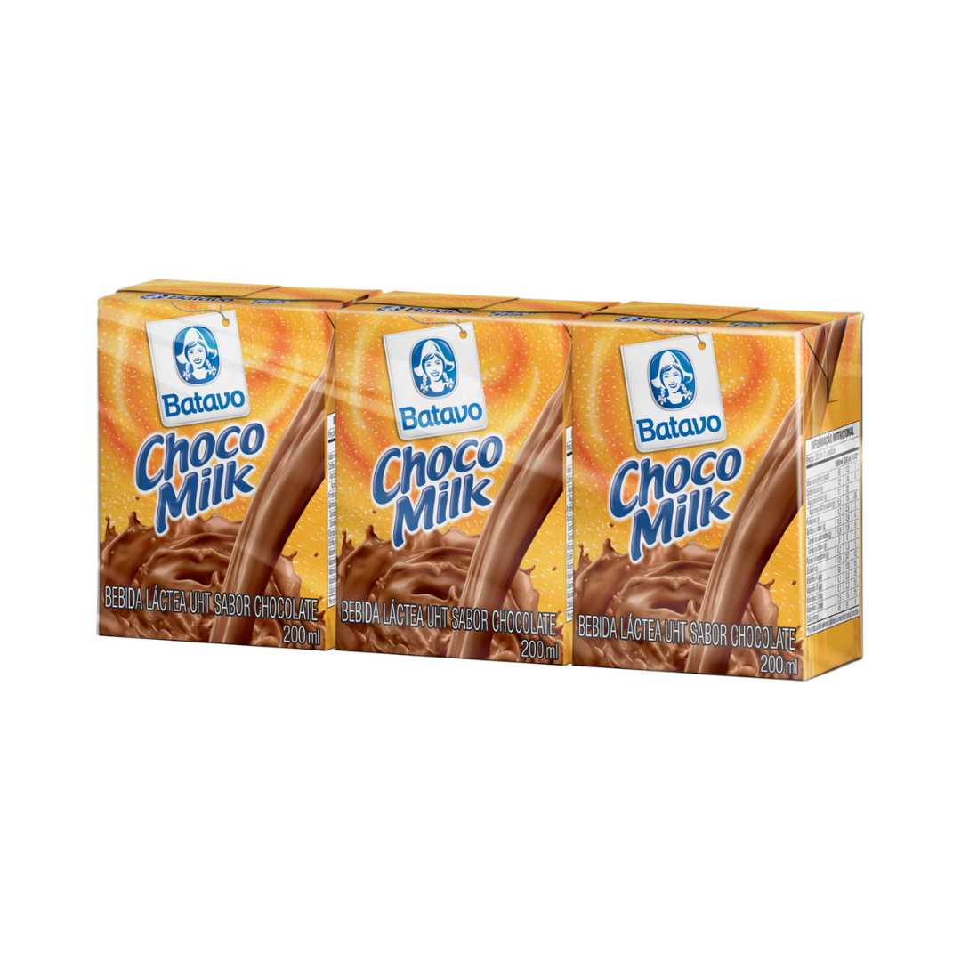 Pack Bebida Láctea UHT Chocolate Batavo Choco Milk Caixa 3 Unidades 200ml Cada