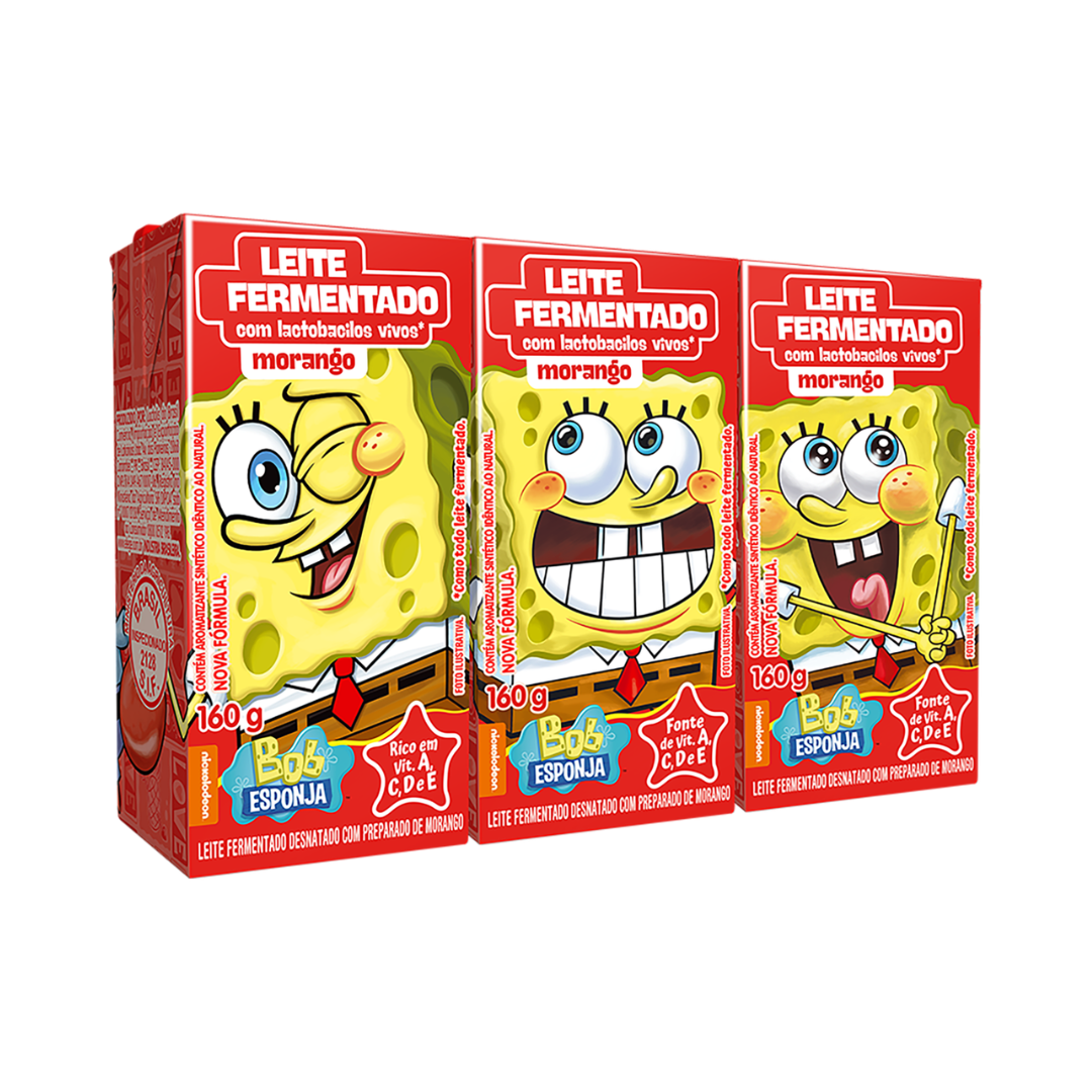 Pack Leite Fermentado Desnatado Morango Bob Esponja Elegê Caixa 3 Unidades 160g Cada