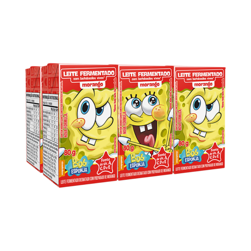 Pack Leite Fermentado Desnatado Morango Bob Esponja Elegê Caixa 6 Unidades 80g Cada