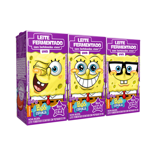 Pack Leite Fermentado Desnatado Uva Bob Esponja Elegê Caixa 3 Unidades 160g Cada