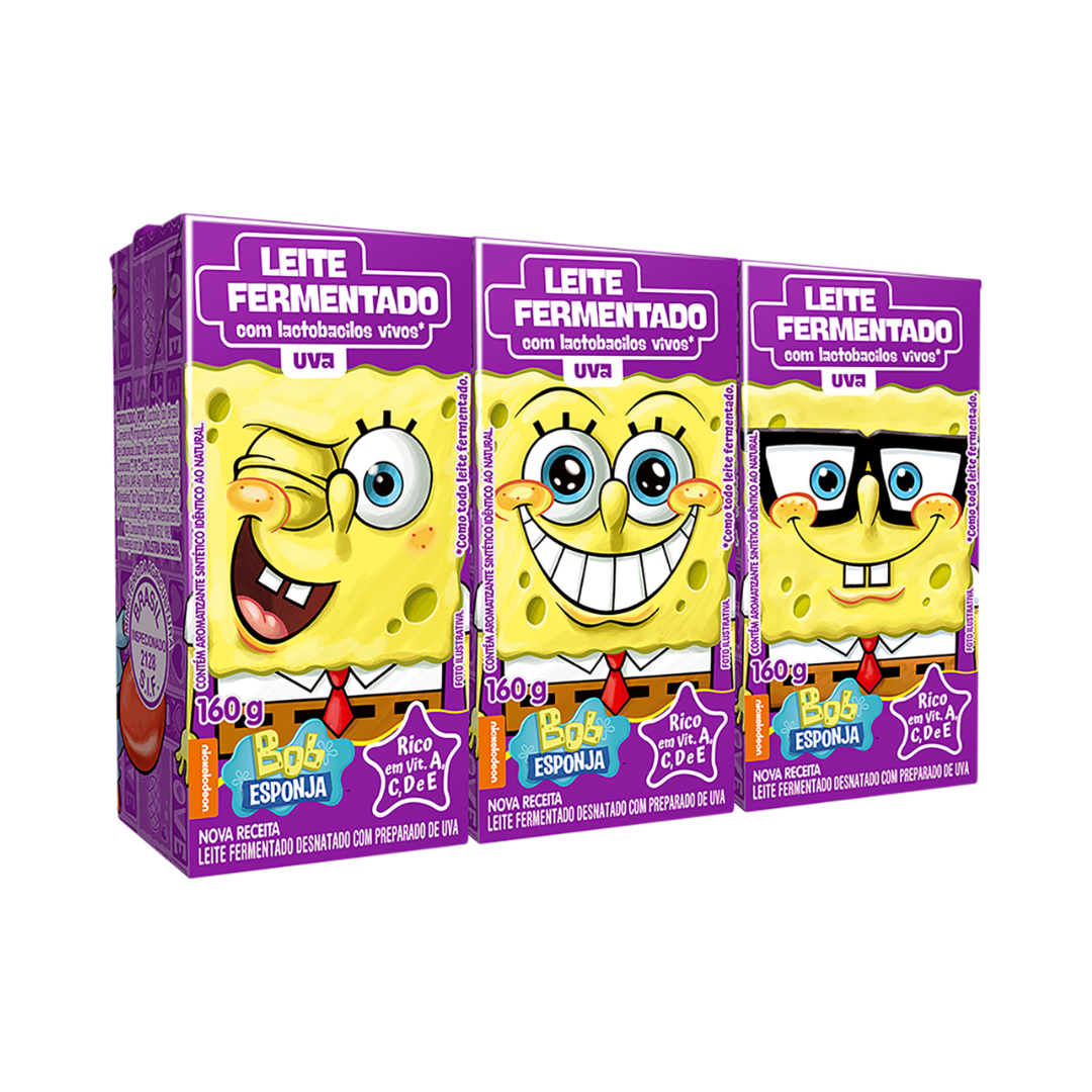 Pack Leite Fermentado Desnatado Uva Bob Esponja Elegê Caixa 3 Unidades 160g Cada