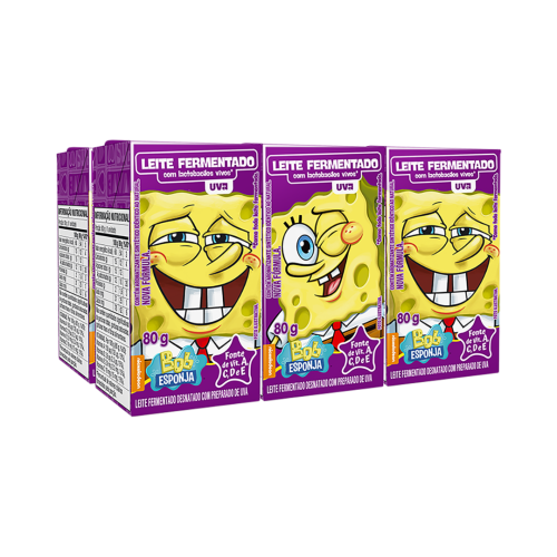 Pack Leite Fermentado Desnatado Uva Bob Esponja Elegê Caixa 6 Unidades 80g Cada