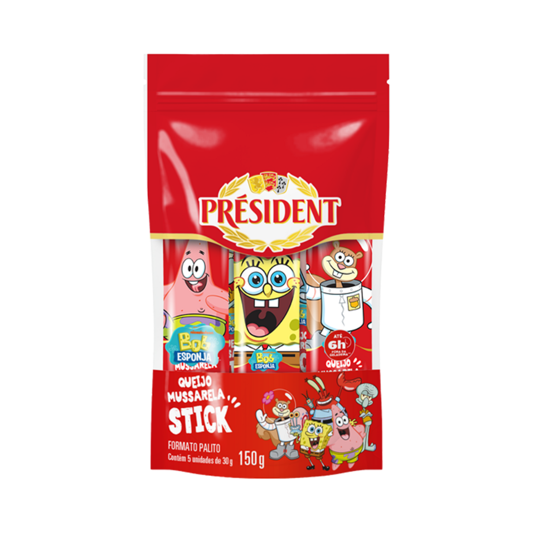 Pack Queijo Mussarela Stick Bob Esponja Président 150g 5 Unidades